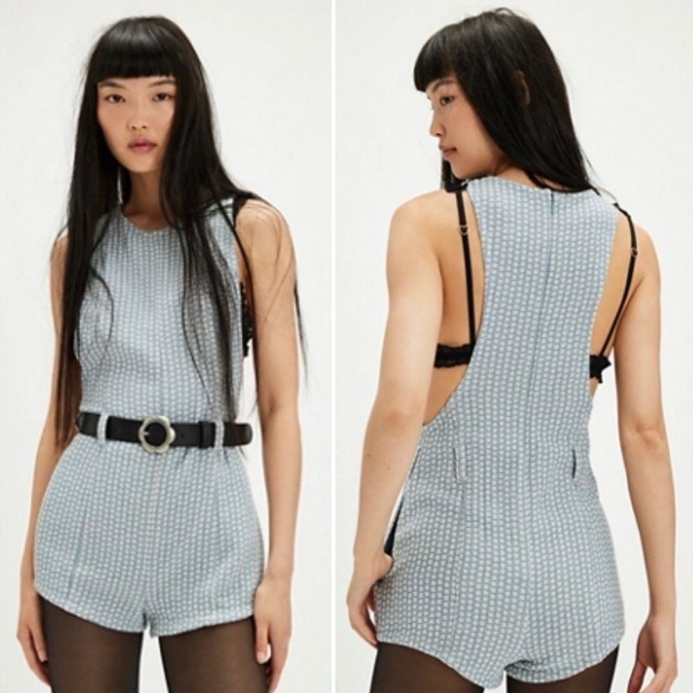 New Free People Mod Mini Retro One Piece Checkered Romper In Blue Combo 10